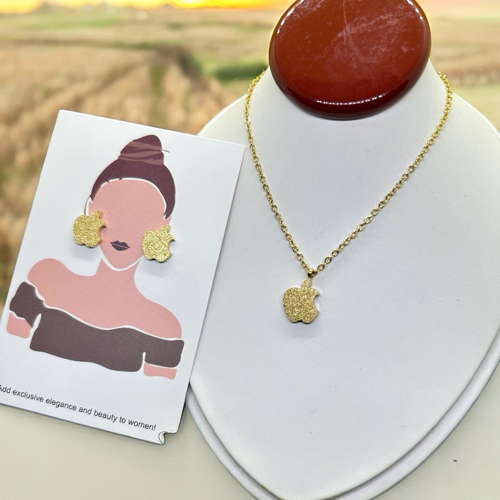 Gold Apple Pendant Necklace and Earrings Set steel